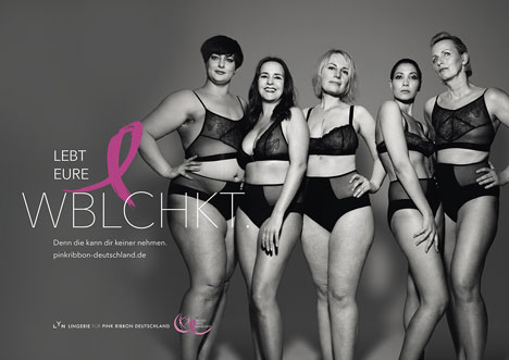 Fnf selbstbewusste Frauen, die anderen Brustkrebs-Patientinnen Mut machen sollen, wurden fr die Kampagne von Pink Ribbon in magefertigen Dessous des Wschelabel LYN von Starfotograf Rankin in Szene gesetzt (Foto: BBDO) 