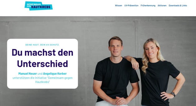 Die Profisportler Manuel Neuer und Angelique Kerber sind unter anderem auf der Kampagnen-Webseite gemeinsam-gegen-hautkrebs.de zum Thema prsent - Foto: Screenshot / Berufsverband der Deutschen Dermatologen