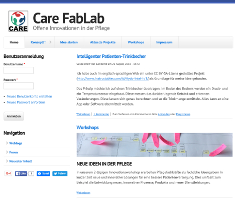 Das Care FabLab befindet sich derzeit in der offenen Beta-Phase und soll am 1. September 2016 offiziell an den Start gehen. (Foto: Screenshot / NursIT Institute) 