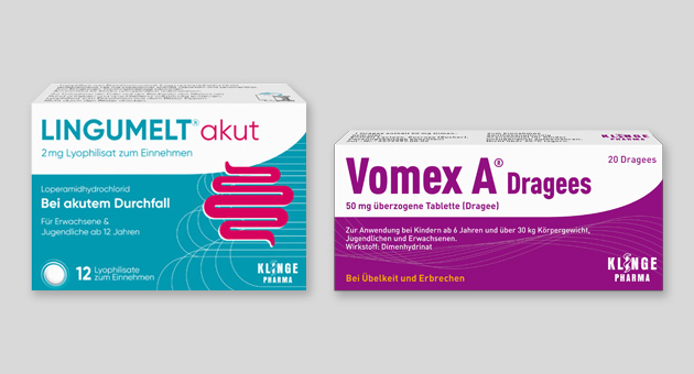 Mediaplan sicherte sich sowohl den Media- als auch den PR-Etat fr die Magen-Darm-Marken Vomex A und Lingumelt akut aus dem OTC-Portfolio von Klinge Pharma - Packshots: Klinge